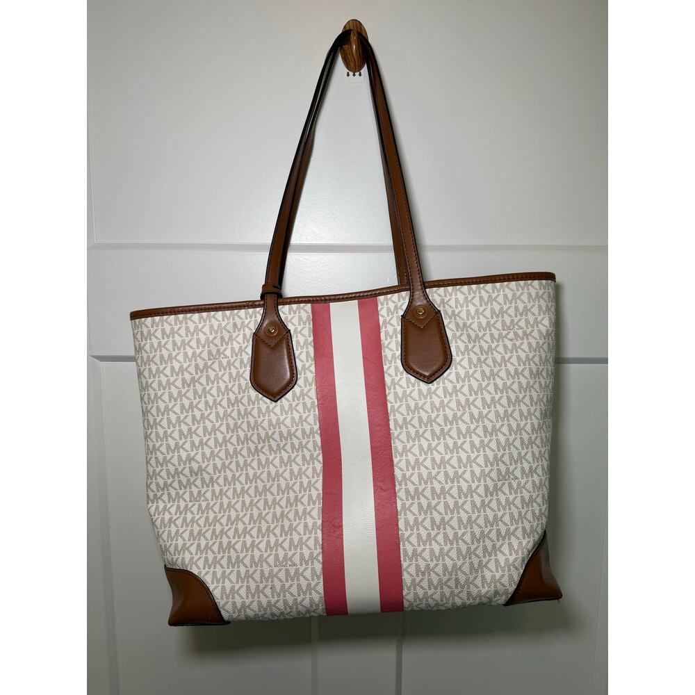 Michael Kors Signature MK Logo Large Tote Bag Pink White Stripe Brown + Pouch - Picture 3 of 9